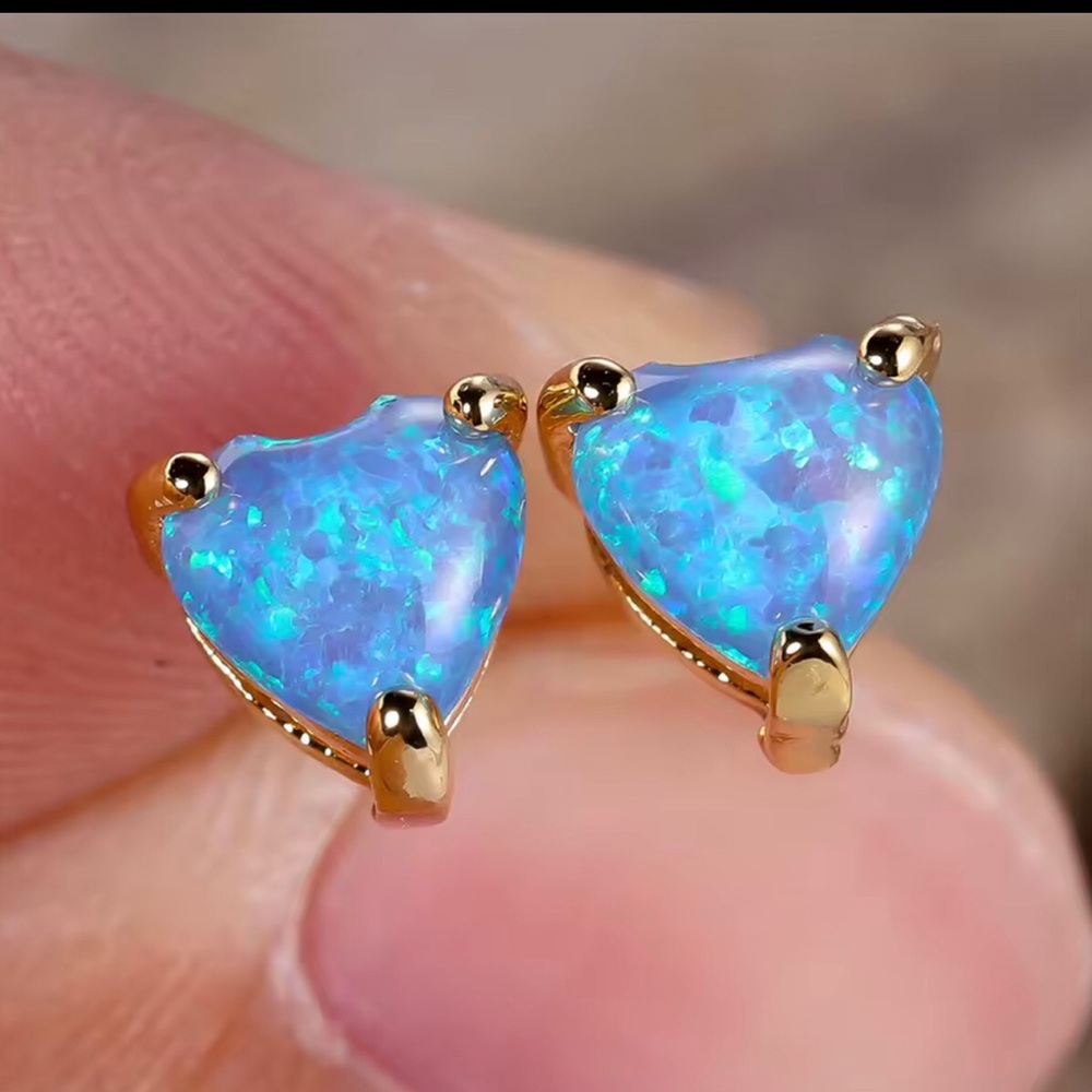 Gold Plated Blue Opal Heart Stud Earrings - Women Jewelry